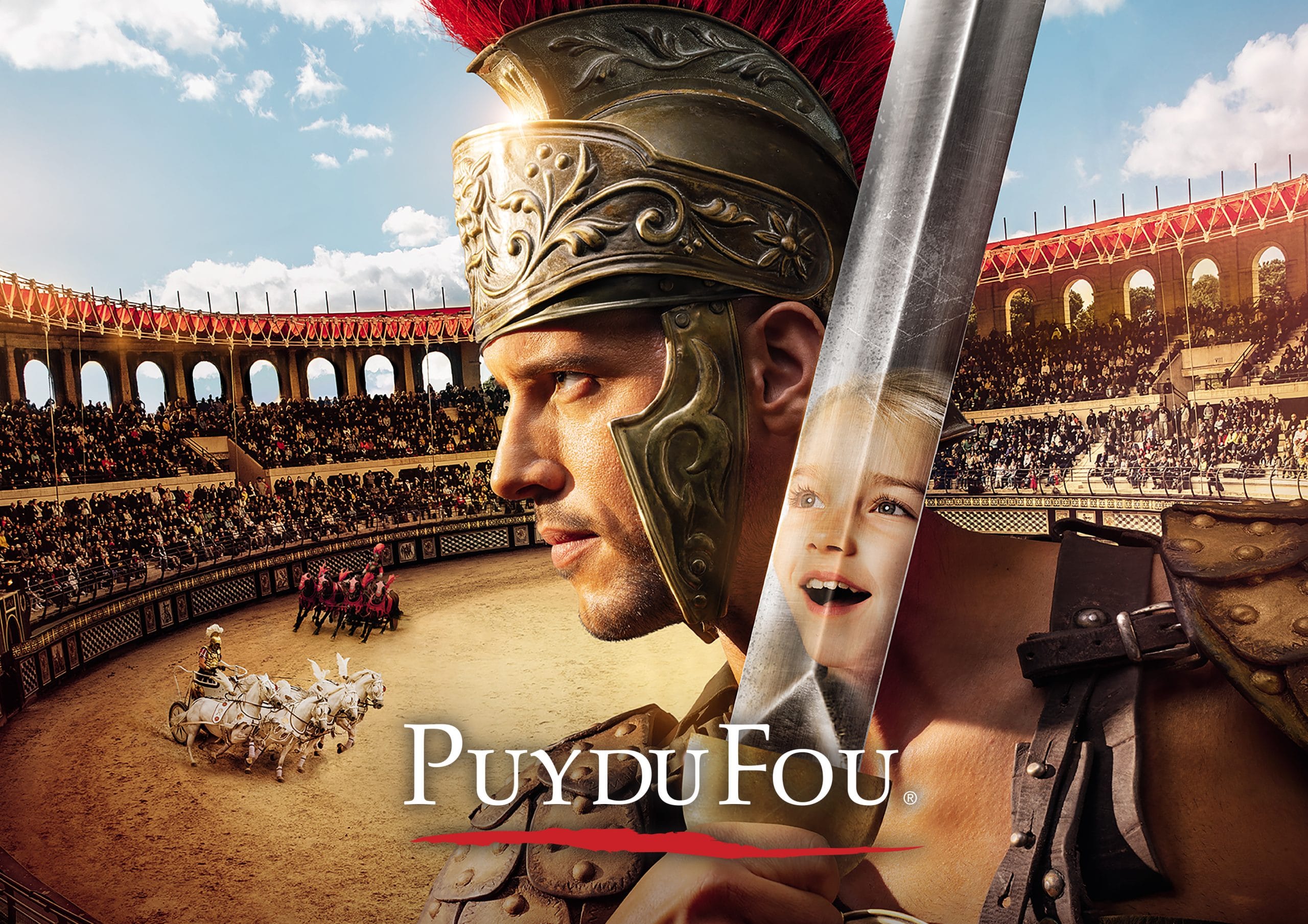 Affiche promotionnelle du grand parc du Puy du Fou représentant un gladiateur devant le stadium gallo-romain